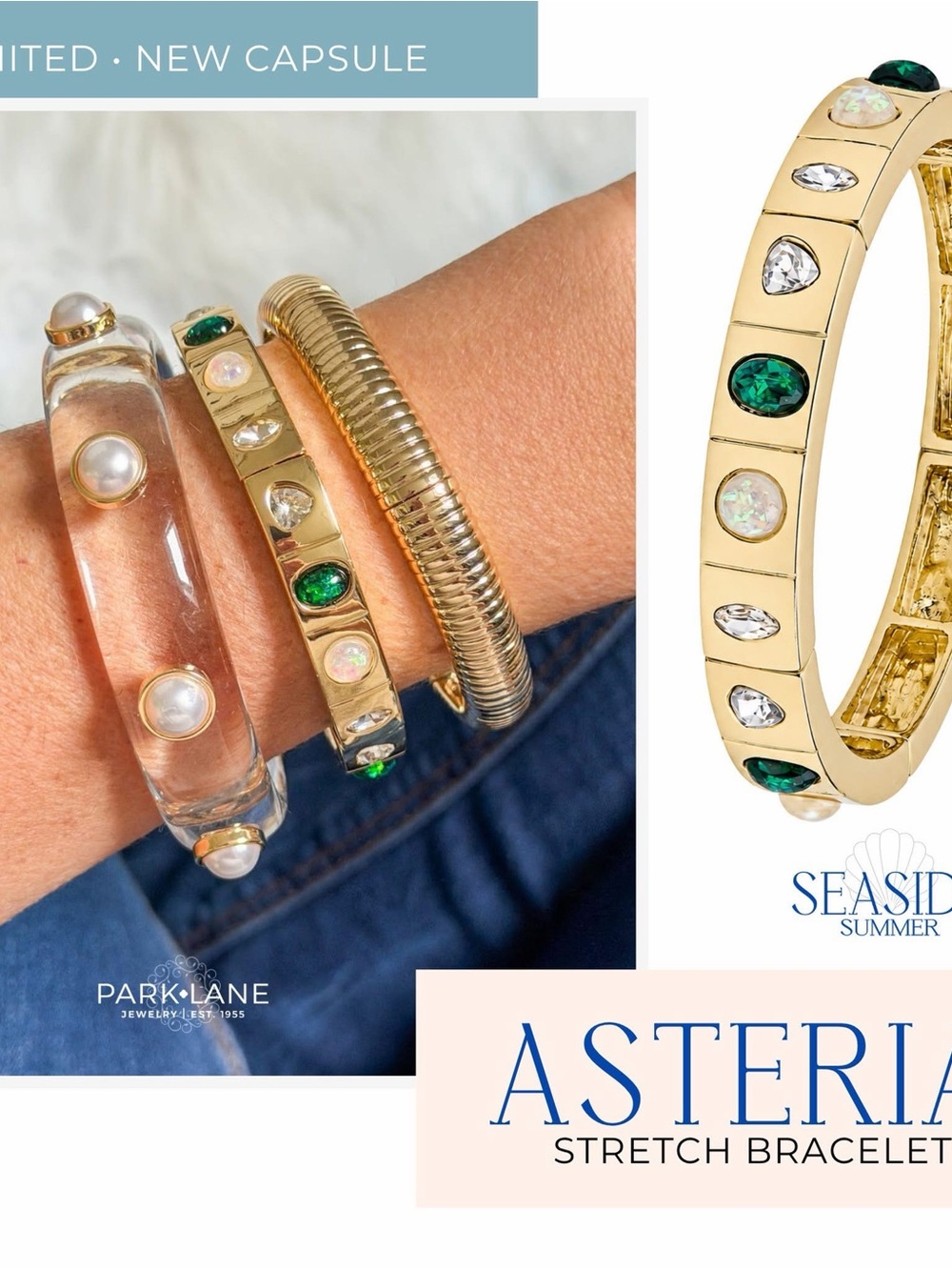 Park Lane Asteria Gold Stretch Bracelet with Emerald & Opal Stones